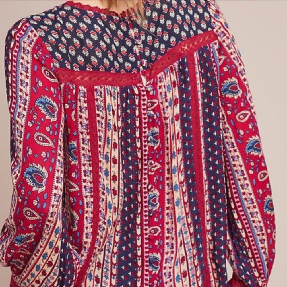 👚 Maeve Anthropologie "Gretchen" Boho Red & Blue Floral Peasant Top Size 10 / A - Picture 9 of 15